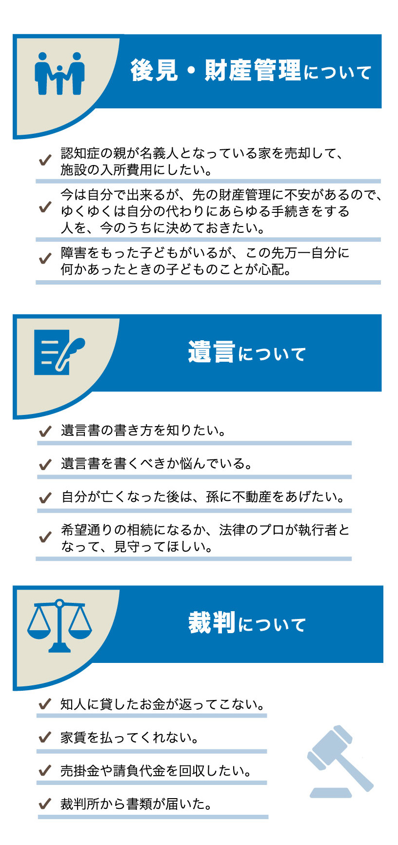 財産管理、遺言、裁判について